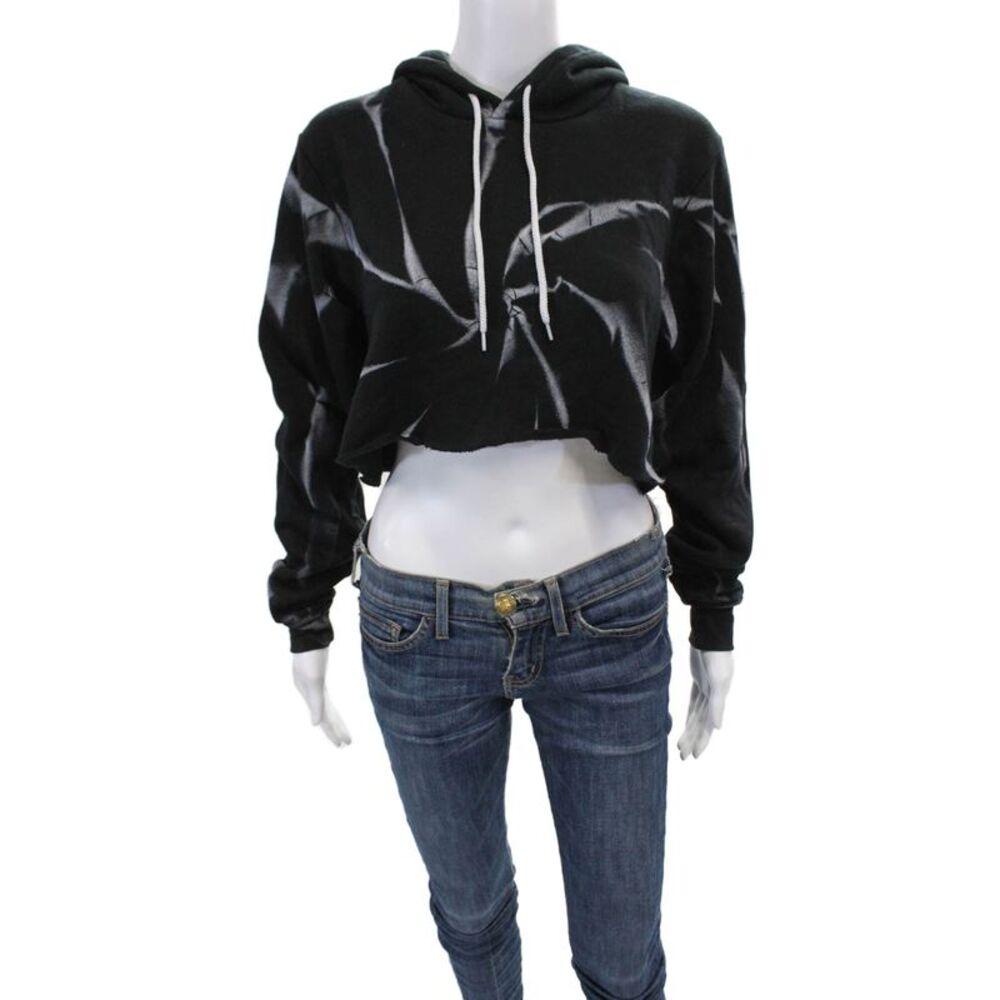 Myrrhe Womens Pullover Striped Abstract Cropped Hoodie Sweatshirt Black Size XS